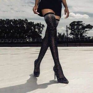 Black Rhinestone Thigh-High Boots EU 39